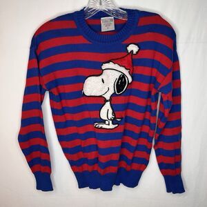 PEANUTS Unisex Youth Size XL Holiday Sweater Red/Blue Striped, Crew Neck